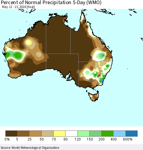 Australia Percent of Normal Precipitation 5-Day (WMO) Thematic Map For 5/11/2024 - 5/15/2024