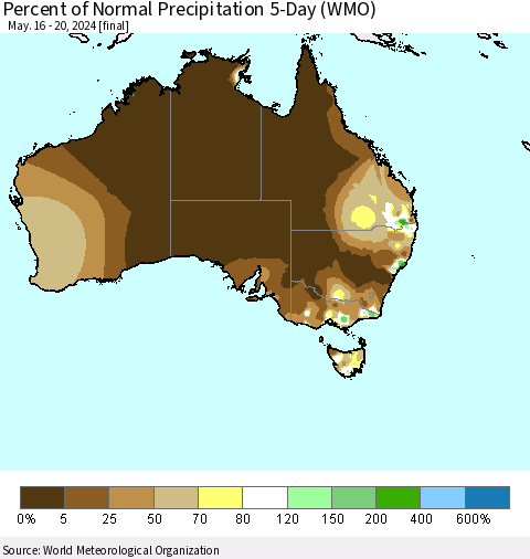 Australia Percent of Normal Precipitation 5-Day (WMO) Thematic Map For 5/16/2024 - 5/20/2024