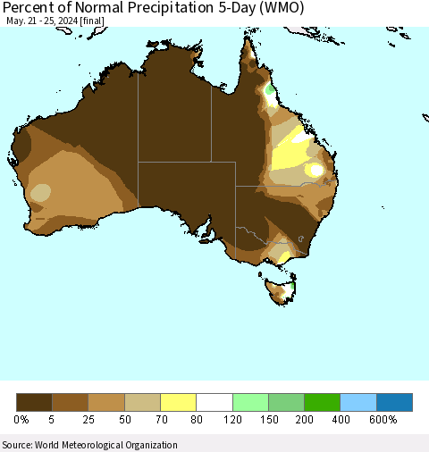 Australia Percent of Normal Precipitation 5-Day (WMO) Thematic Map For 5/21/2024 - 5/25/2024