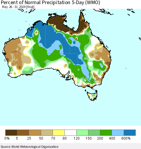 Australia Percent of Normal Precipitation 5-Day (WMO) Thematic Map For 5/26/2024 - 5/31/2024