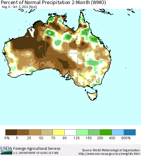 Australia Percent of Normal Precipitation 2-Month (WMO) Thematic Map For 8/6/2021 - 10/5/2021
