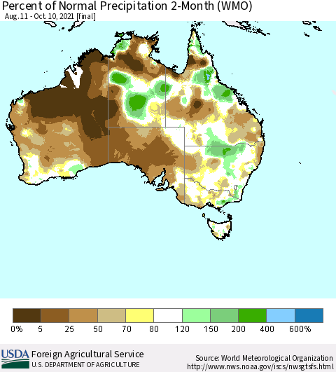Australia Percent of Normal Precipitation 2-Month (WMO) Thematic Map For 8/11/2021 - 10/10/2021