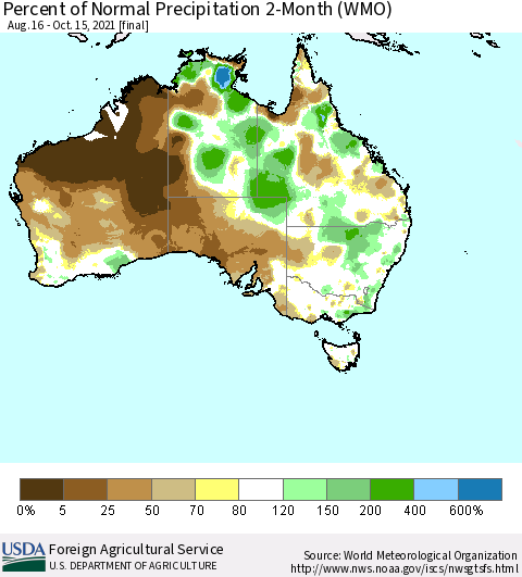 Australia Percent of Normal Precipitation 2-Month (WMO) Thematic Map For 8/16/2021 - 10/15/2021