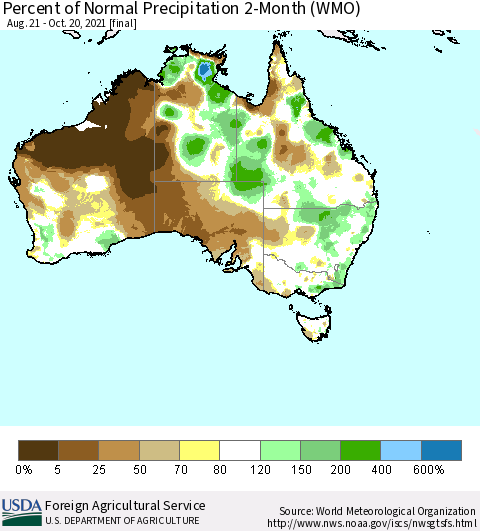 Australia Percent of Normal Precipitation 2-Month (WMO) Thematic Map For 8/21/2021 - 10/20/2021