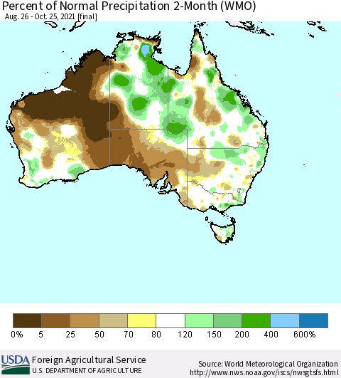 Australia Percent of Normal Precipitation 2-Month (WMO) Thematic Map For 8/26/2021 - 10/25/2021