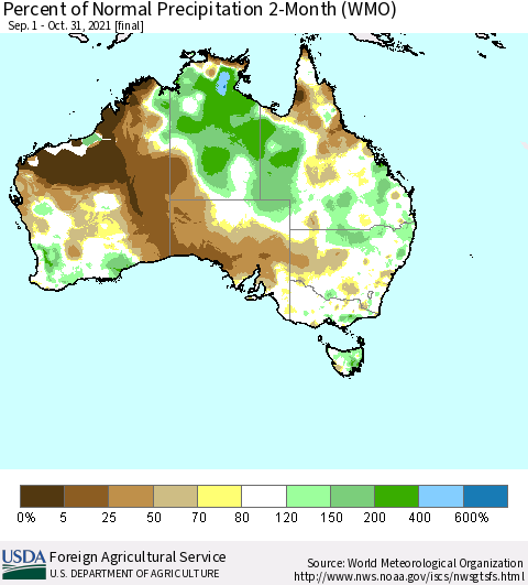 Australia Percent of Normal Precipitation 2-Month (WMO) Thematic Map For 9/1/2021 - 10/31/2021