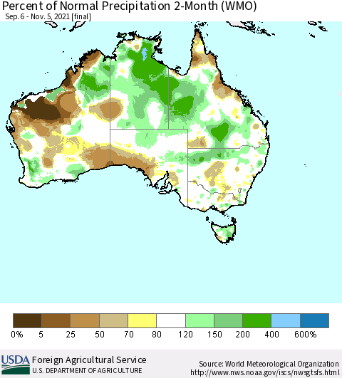 Australia Percent of Normal Precipitation 2-Month (WMO) Thematic Map For 9/6/2021 - 11/5/2021