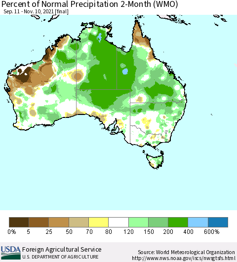 Australia Percent of Normal Precipitation 2-Month (WMO) Thematic Map For 9/11/2021 - 11/10/2021