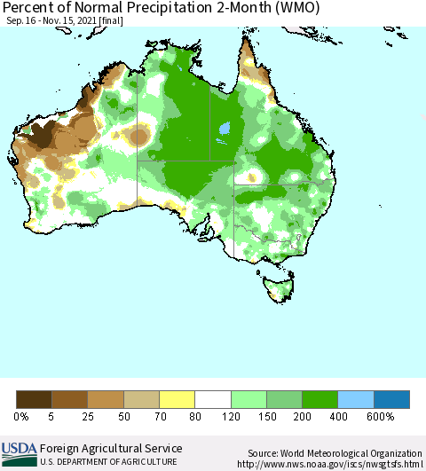 Australia Percent of Normal Precipitation 2-Month (WMO) Thematic Map For 9/16/2021 - 11/15/2021