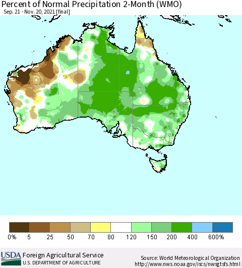Australia Percent of Normal Precipitation 2-Month (WMO) Thematic Map For 9/21/2021 - 11/20/2021