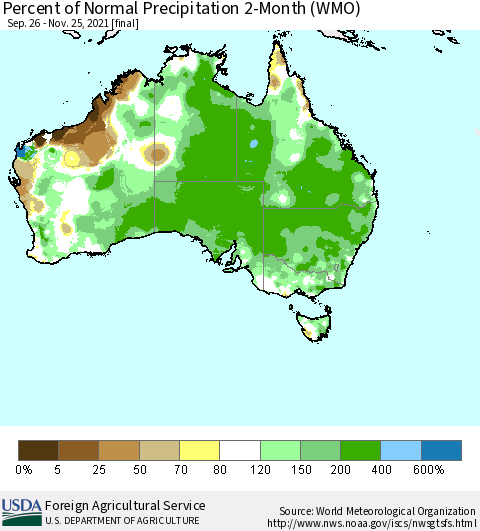 Australia Percent of Normal Precipitation 2-Month (WMO) Thematic Map For 9/26/2021 - 11/25/2021