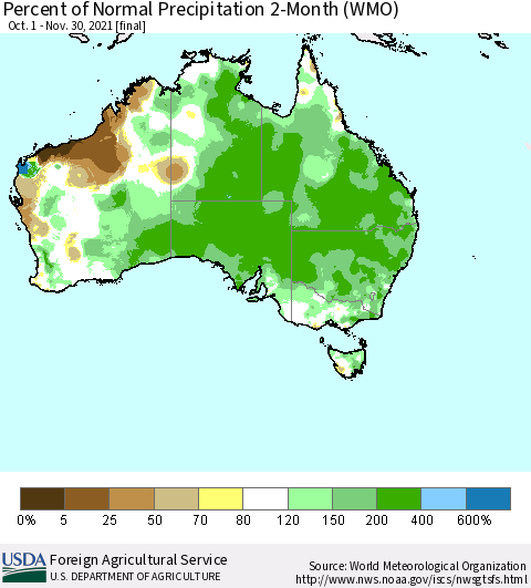Australia Percent of Normal Precipitation 2-Month (WMO) Thematic Map For 10/1/2021 - 11/30/2021