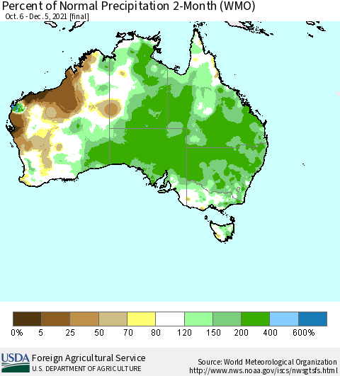 Australia Percent of Normal Precipitation 2-Month (WMO) Thematic Map For 10/6/2021 - 12/5/2021