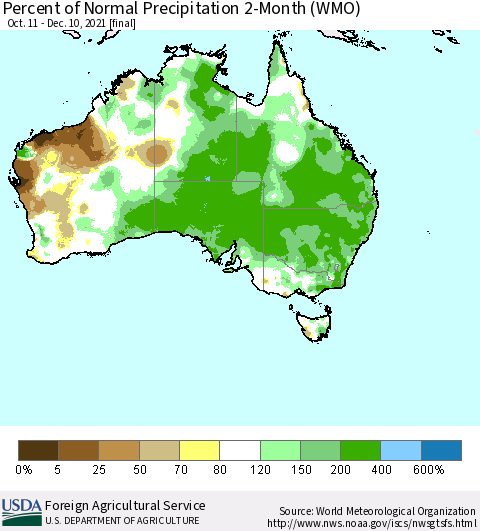 Australia Percent of Normal Precipitation 2-Month (WMO) Thematic Map For 10/11/2021 - 12/10/2021