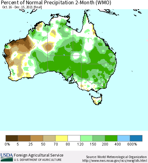 Australia Percent of Normal Precipitation 2-Month (WMO) Thematic Map For 10/16/2021 - 12/15/2021