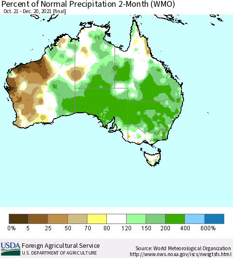 Australia Percent of Normal Precipitation 2-Month (WMO) Thematic Map For 10/21/2021 - 12/20/2021