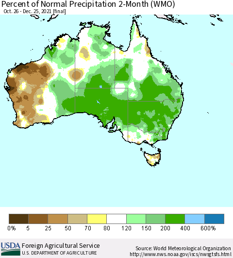 Australia Percent of Normal Precipitation 2-Month (WMO) Thematic Map For 10/26/2021 - 12/25/2021