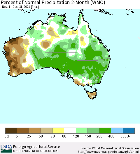 Australia Percent of Normal Precipitation 2-Month (WMO) Thematic Map For 11/1/2021 - 12/31/2021