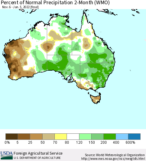 Australia Percent of Normal Precipitation 2-Month (WMO) Thematic Map For 11/6/2021 - 1/5/2022