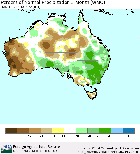 Australia Percent of Normal Precipitation 2-Month (WMO) Thematic Map For 11/11/2021 - 1/10/2022