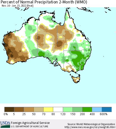 Australia Percent of Normal Precipitation 2-Month (WMO) Thematic Map For 11/16/2021 - 1/15/2022