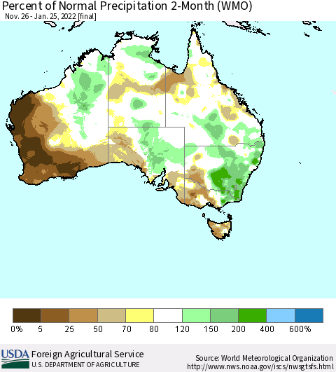 Australia Percent of Normal Precipitation 2-Month (WMO) Thematic Map For 11/26/2021 - 1/25/2022