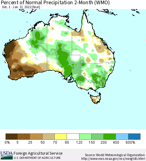 Australia Percent of Normal Precipitation 2-Month (WMO) Thematic Map For 12/1/2021 - 1/31/2022