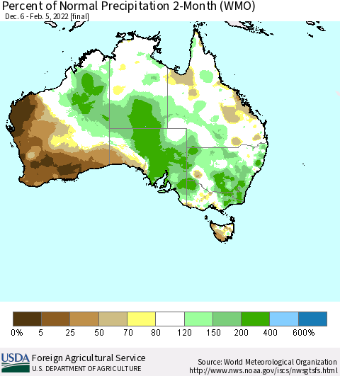 Australia Percent of Normal Precipitation 2-Month (WMO) Thematic Map For 12/6/2021 - 2/5/2022
