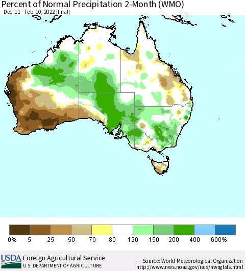 Australia Percent of Normal Precipitation 2-Month (WMO) Thematic Map For 12/11/2021 - 2/10/2022