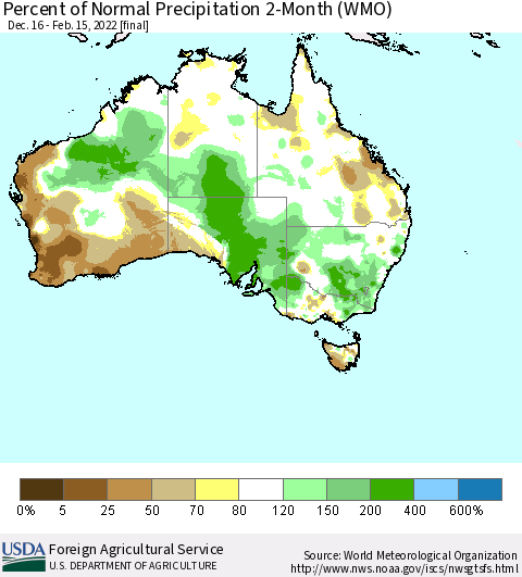 Australia Percent of Normal Precipitation 2-Month (WMO) Thematic Map For 12/16/2021 - 2/15/2022