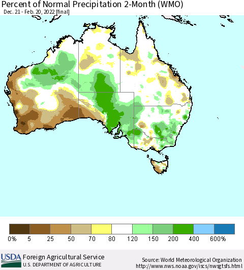 Australia Percent of Normal Precipitation 2-Month (WMO) Thematic Map For 12/21/2021 - 2/20/2022