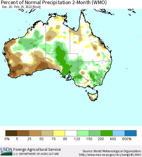Australia Percent of Normal Precipitation 2-Month (WMO) Thematic Map For 12/26/2021 - 2/25/2022