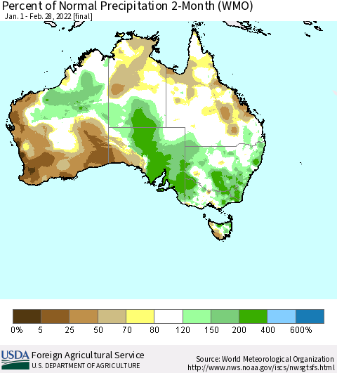 Australia Percent of Normal Precipitation 2-Month (WMO) Thematic Map For 1/1/2022 - 2/28/2022