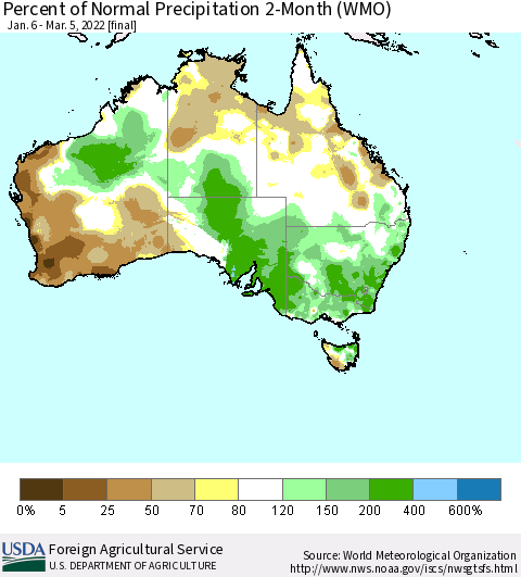Australia Percent of Normal Precipitation 2-Month (WMO) Thematic Map For 1/6/2022 - 3/5/2022