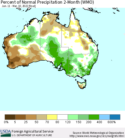 Australia Percent of Normal Precipitation 2-Month (WMO) Thematic Map For 1/11/2022 - 3/10/2022