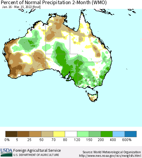 Australia Percent of Normal Precipitation 2-Month (WMO) Thematic Map For 1/16/2022 - 3/15/2022