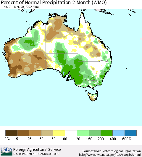 Australia Percent of Normal Precipitation 2-Month (WMO) Thematic Map For 1/21/2022 - 3/20/2022
