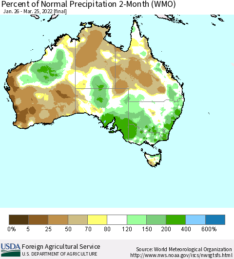 Australia Percent of Normal Precipitation 2-Month (WMO) Thematic Map For 1/26/2022 - 3/25/2022