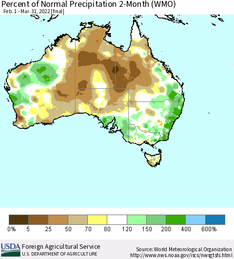 Australia Percent of Normal Precipitation 2-Month (WMO) Thematic Map For 2/1/2022 - 3/31/2022