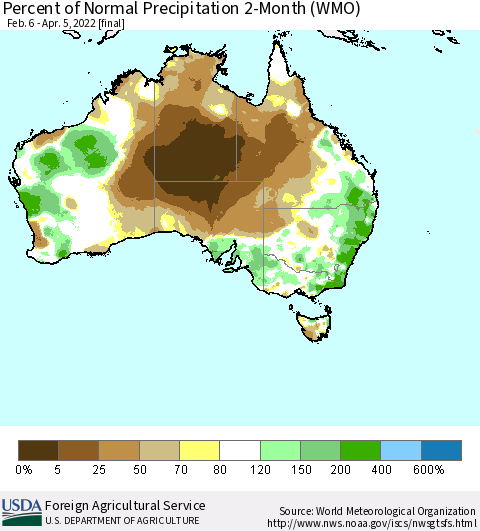 Australia Percent of Normal Precipitation 2-Month (WMO) Thematic Map For 2/6/2022 - 4/5/2022