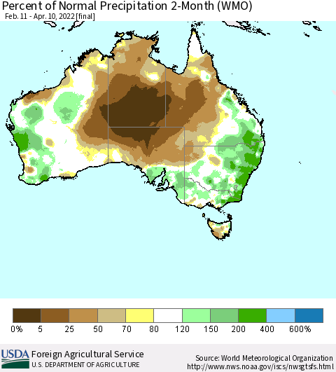 Australia Percent of Normal Precipitation 2-Month (WMO) Thematic Map For 2/11/2022 - 4/10/2022