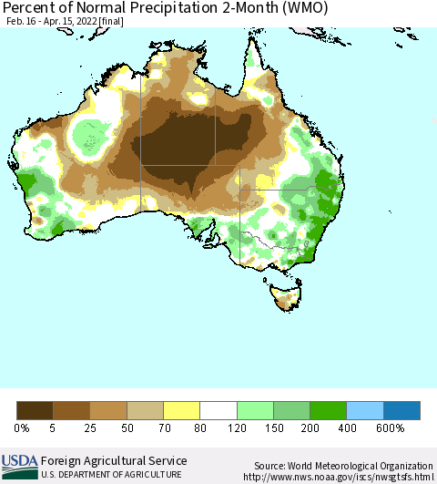 Australia Percent of Normal Precipitation 2-Month (WMO) Thematic Map For 2/16/2022 - 4/15/2022