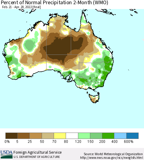 Australia Percent of Normal Precipitation 2-Month (WMO) Thematic Map For 2/21/2022 - 4/20/2022