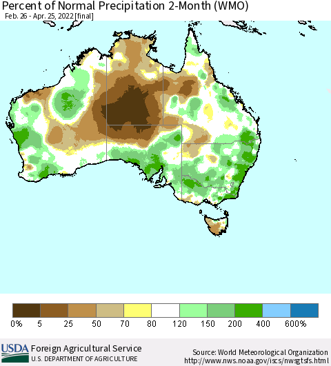 Australia Percent of Normal Precipitation 2-Month (WMO) Thematic Map For 2/26/2022 - 4/25/2022