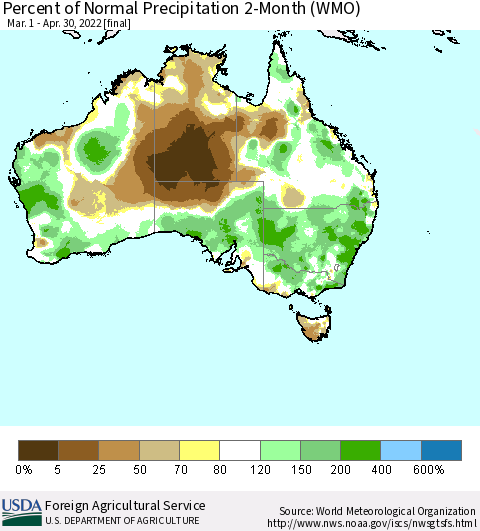 Australia Percent of Normal Precipitation 2-Month (WMO) Thematic Map For 3/1/2022 - 4/30/2022