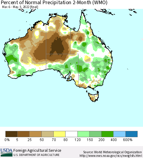 Australia Percent of Normal Precipitation 2-Month (WMO) Thematic Map For 3/6/2022 - 5/5/2022