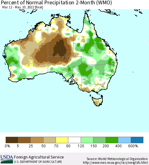 Australia Percent of Normal Precipitation 2-Month (WMO) Thematic Map For 3/11/2022 - 5/10/2022