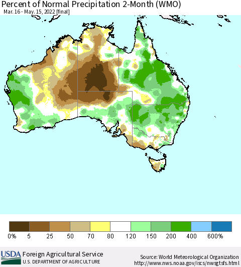 Australia Percent of Normal Precipitation 2-Month (WMO) Thematic Map For 3/16/2022 - 5/15/2022