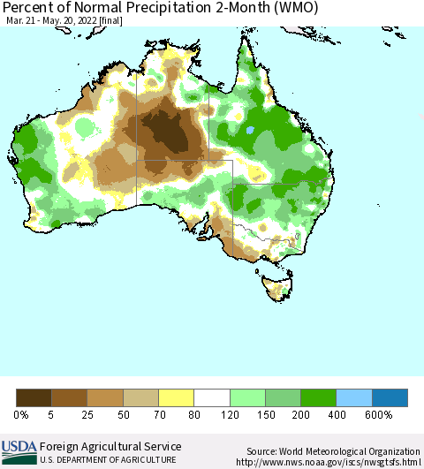 Australia Percent of Normal Precipitation 2-Month (WMO) Thematic Map For 3/21/2022 - 5/20/2022