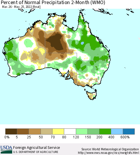 Australia Percent of Normal Precipitation 2-Month (WMO) Thematic Map For 3/26/2022 - 5/25/2022
